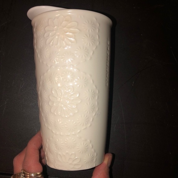 starbucks White Floral Bridal Lace Embossed Double Wall Ceramic Tumbler 10 oz - Picture 3 of 10